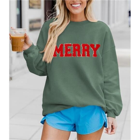 Women’s Merry Christmas Glitter Patch Sweatshirt – Oversized Pullover - Picture 2 of 7